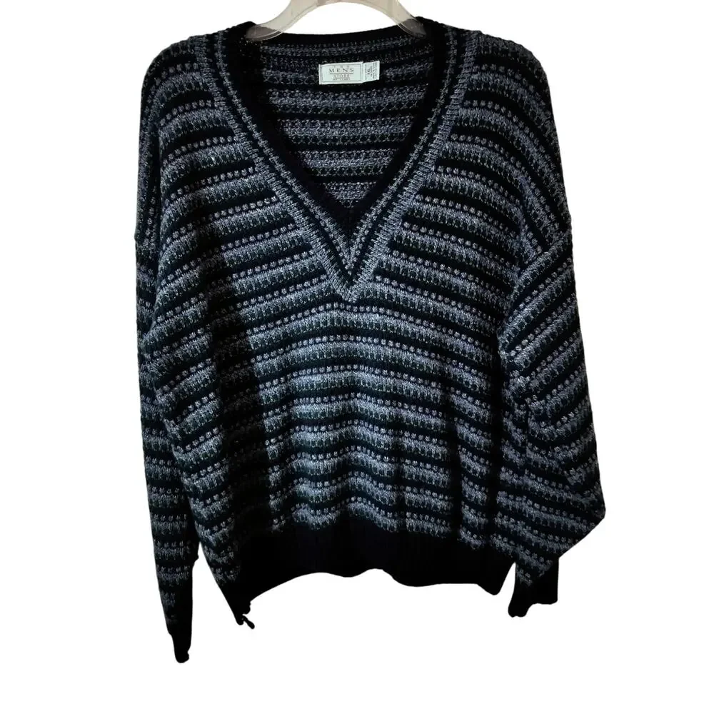 M1241)Vtg 80s The Men's Store at Sears XXL Preppy Hippy Blue Geo Knit Sweater